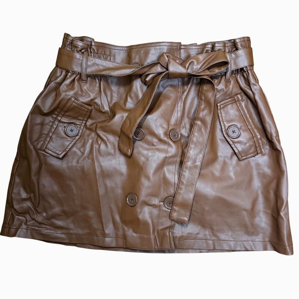 Forever 21+ 2X Brown Faux Leather Mini Skirt Belted‎ Paper Bag Waist Pockets
